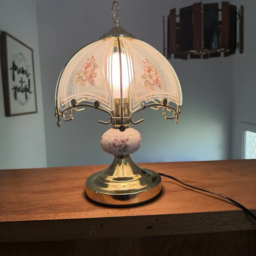 VTG 90s Touch Lamp Printed Floral Design Glass Small Table Lamp *Flaw*